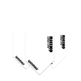 Three white slim Rhino long life dart flights displayed on white background highlighting durable 100 micron material and clear black logos