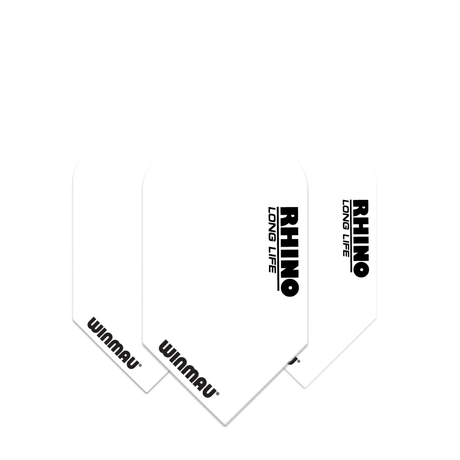 Three white slim Rhino long life dart flights displayed on white background highlighting durable 100 micron material and clear black logos