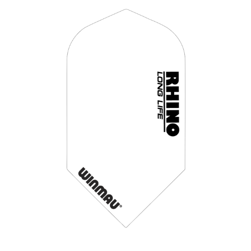 Slim dart flight in white isolated on white background, close-up of durable 100 micron design with black Rhino Long Life print, ideal for steel tip darts
