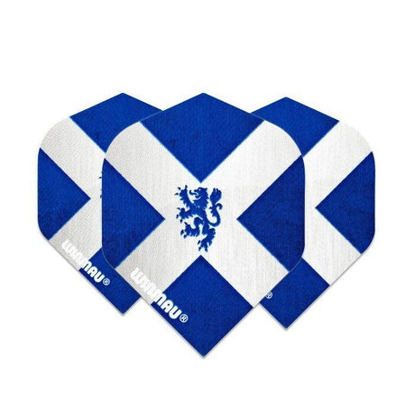 Set of three Scotland dart flights in blue and white with lion emblem, standard mega shape, isolated on white background