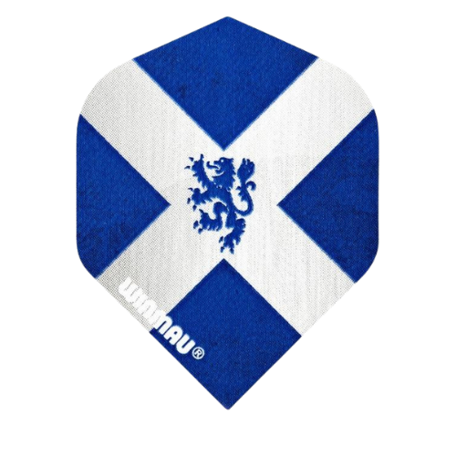 Scotland Mega Standard dart flight with blue and white flag design, lion emblem, isolated on white background, 75 micron thickness