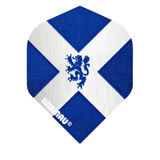 Scotland Mega Standard dart flight with blue and white flag design, lion emblem, isolated on white background, 75 micron thickness