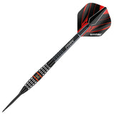 Single 90 percent tungsten dart full view on white background highlighting barrel grip, black point, and red-black flight