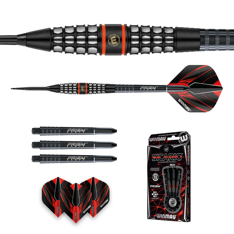Winmau Sicario 90% tungsten darts full set with close-up barrel grip, extra shafts, flights, and retail packaging on white background