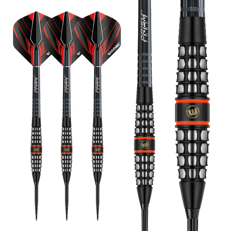 Three 90% tungsten darts with red and black flights, plus close-up of knurled barrel grip and orange rings, isolated on white background