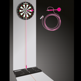 Dartboard setup with SightRight 2 alignment aid laser line, dart mat, and coiled sighting tool for perfect dart throwing alignment