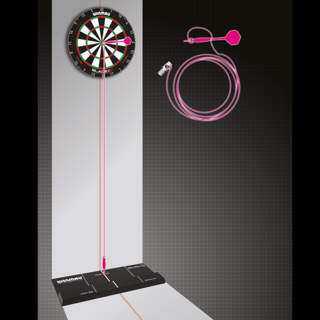 Dartboard setup with SightRight 2 alignment aid laser line, dart mat, and coiled sighting tool for perfect dart throwing alignment