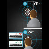 Dart sighting aid diagram with player alignment at dartboard, shows correct and incorrect SightRight 2 dart setup