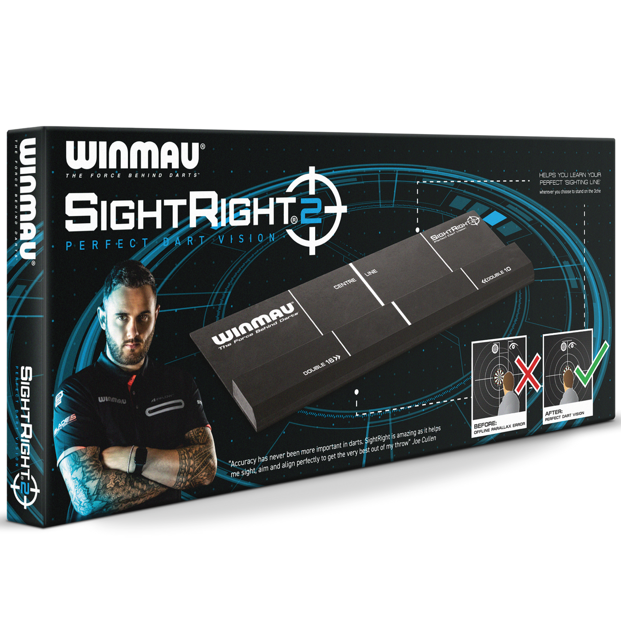 SightRight 2 dart sighting and alignment aid in retail packaging, angled view with usage diagram for accurate dart vision