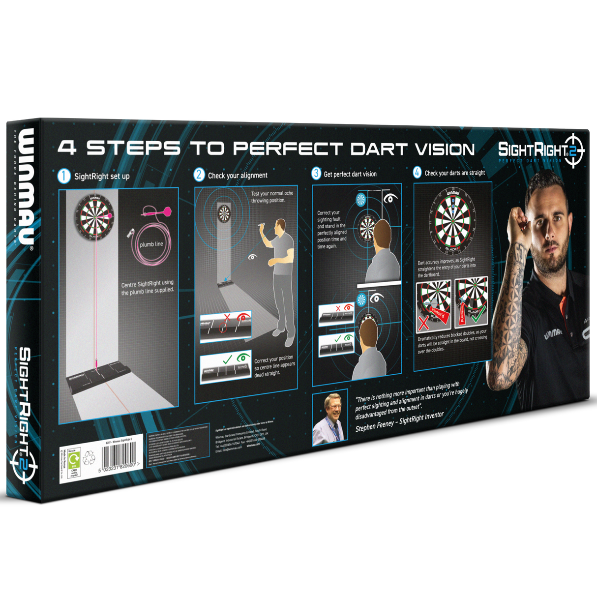 Angled box shot displaying SightRight 2 dart alignment aid packaging with illustrated setup and dart vision instructions for players