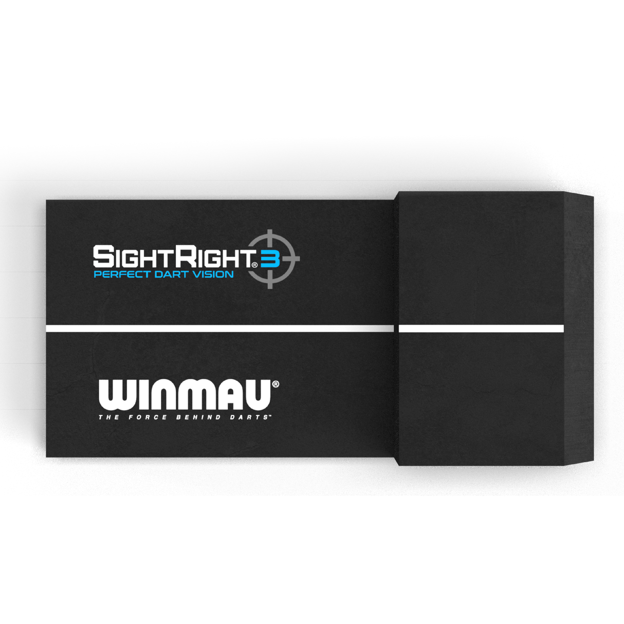 Full product view of SightRight 3 dart alignment aid in sleek retail packaging, isolated against black, showing compact sighting tool box