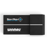 Full product view of SightRight 3 dart alignment aid in sleek retail packaging, isolated against black, showing compact sighting tool box