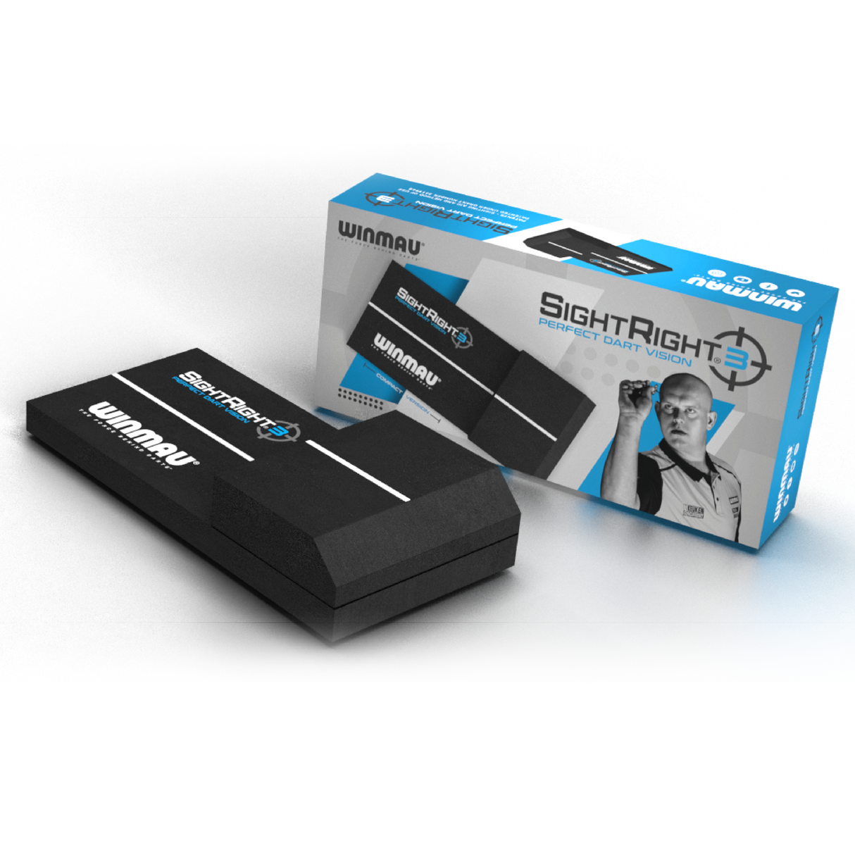 Angled view of SightRight 3 darts alignment aid with retail packaging, showing sleek compact design and white sighting line