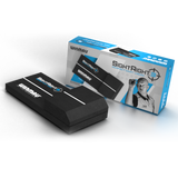 Angled view of SightRight 3 darts alignment aid with retail packaging, showing sleek compact design and white sighting line