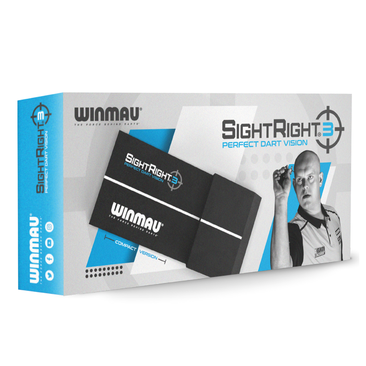 Darts sighting alignment aid in compact retail packaging, angled view with player image, ideal for dartboard setup precision