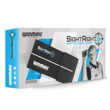 Darts sighting alignment aid in compact retail packaging, angled view with player image, ideal for dartboard setup precision