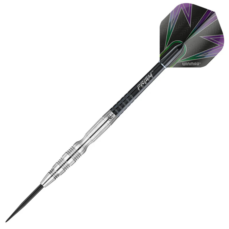 Angled full view of 90% tungsten dart with precision grip barrel and patterned dart flight, isolated on white background