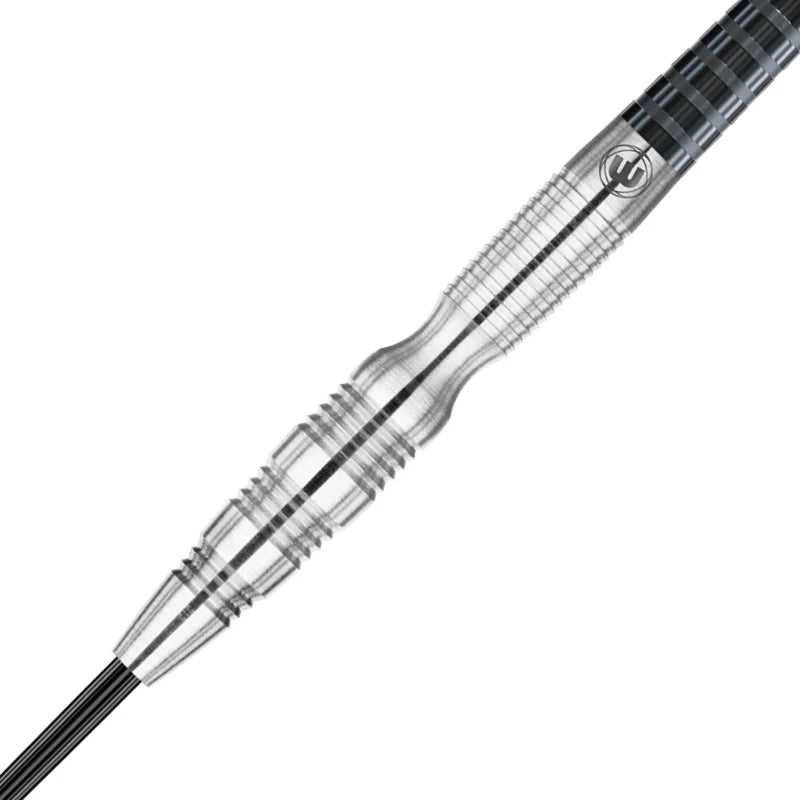 Angled close-up of Simon Whitlock 90% tungsten dart barrel showing ringed grip and precision machining on white background