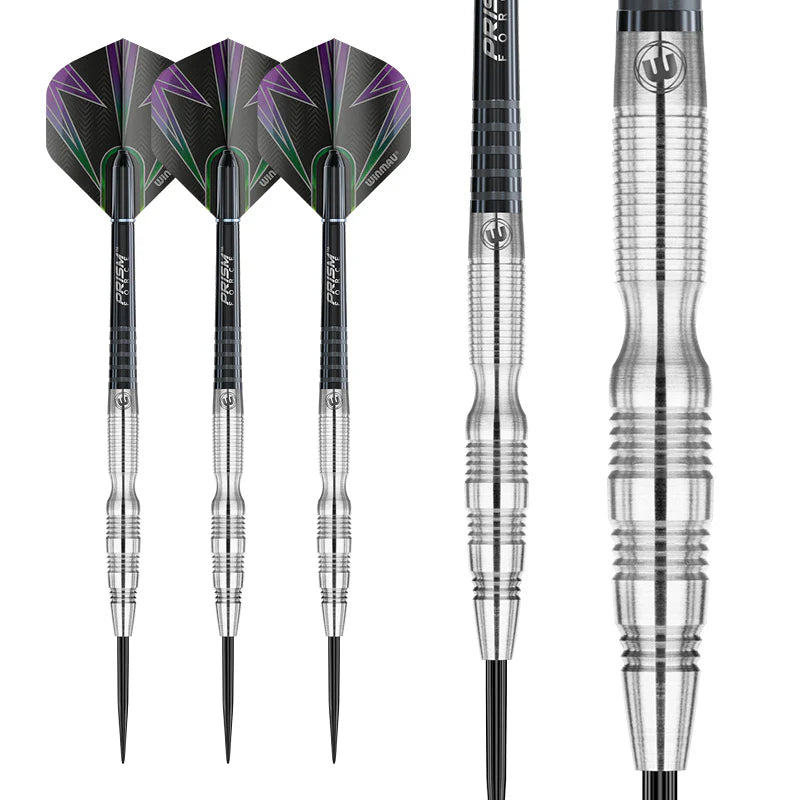 Simon Whitlock 90% tungsten darts set shown with close-up barrel grip texture and three full darts, isolated on white background