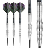 Simon Whitlock 90% tungsten darts set shown with close-up barrel grip texture and three full darts, isolated on white background