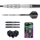 Simon Whitlock 90% tungsten darts set showing full assembled dart, close-up barrel grip, spare shafts, flights, and retail packaging on white background