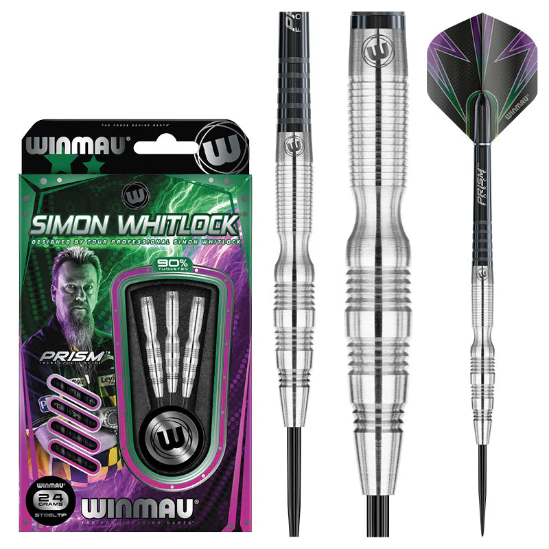 Simon Whitlock 90% tungsten darts in retail packaging with close-up on barrel grip, full dart, and flight design, ideal for steel tip players