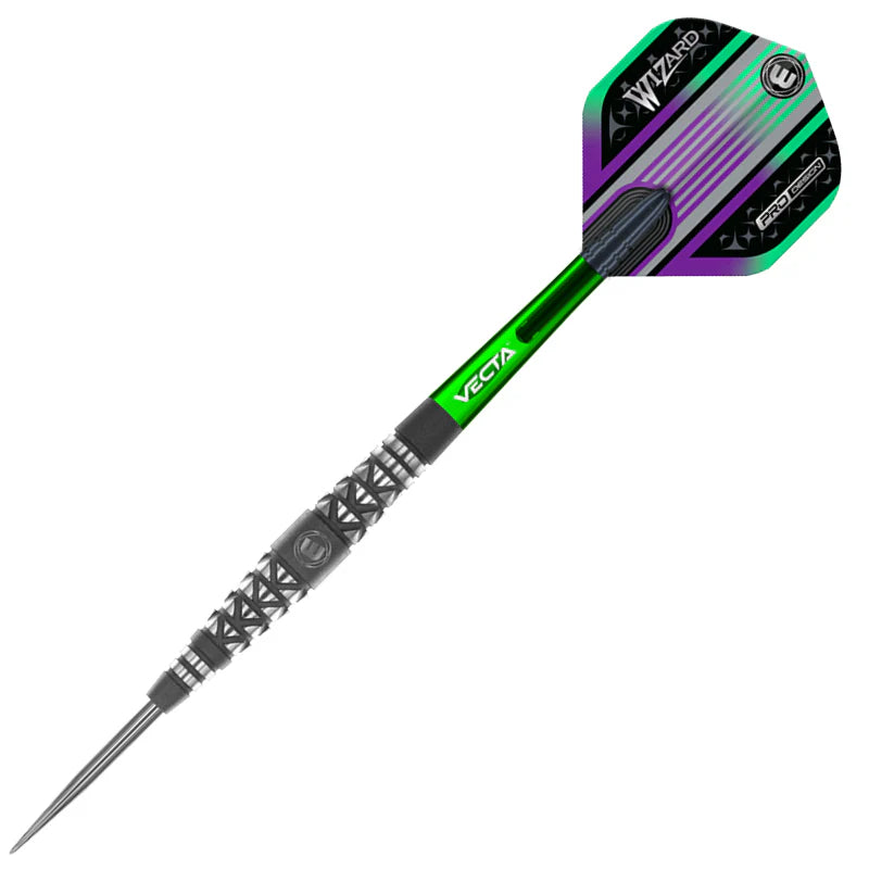 Full view of 90% tungsten dart on white background with precision grip barrel, green Vecta shaft, and custom patterned flight.