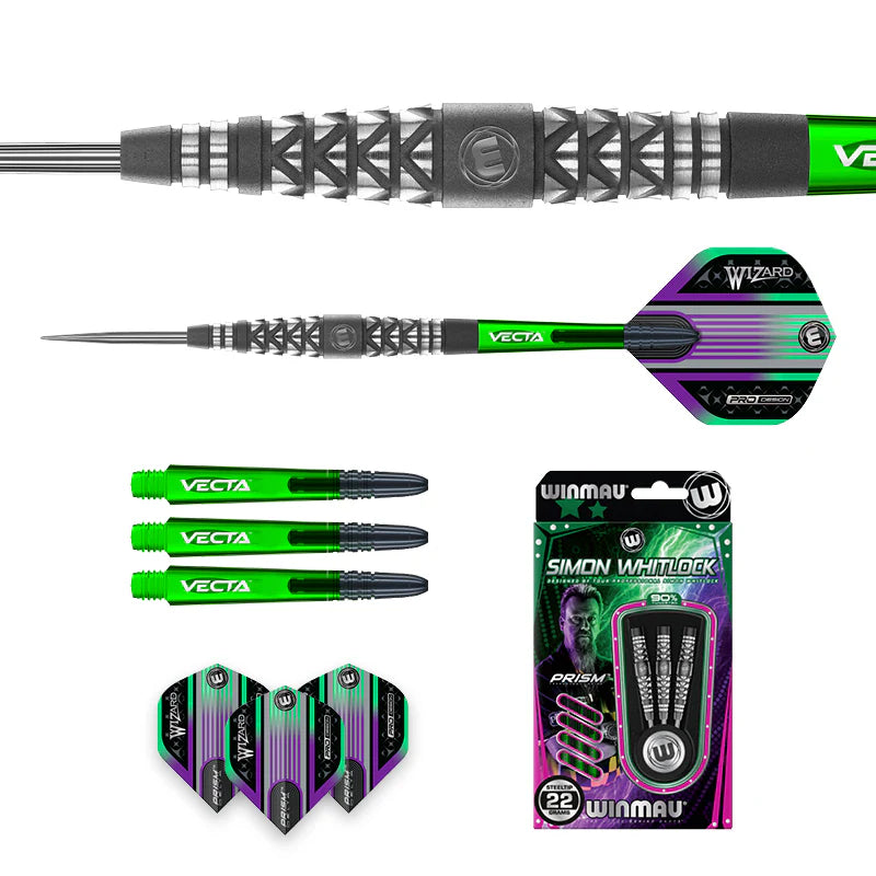 Simon Whitlock Atomised tungsten dart set with detailed grip barrel close-up, full assembled dart, spare green Vecta shafts, flights, and boxed packaging.