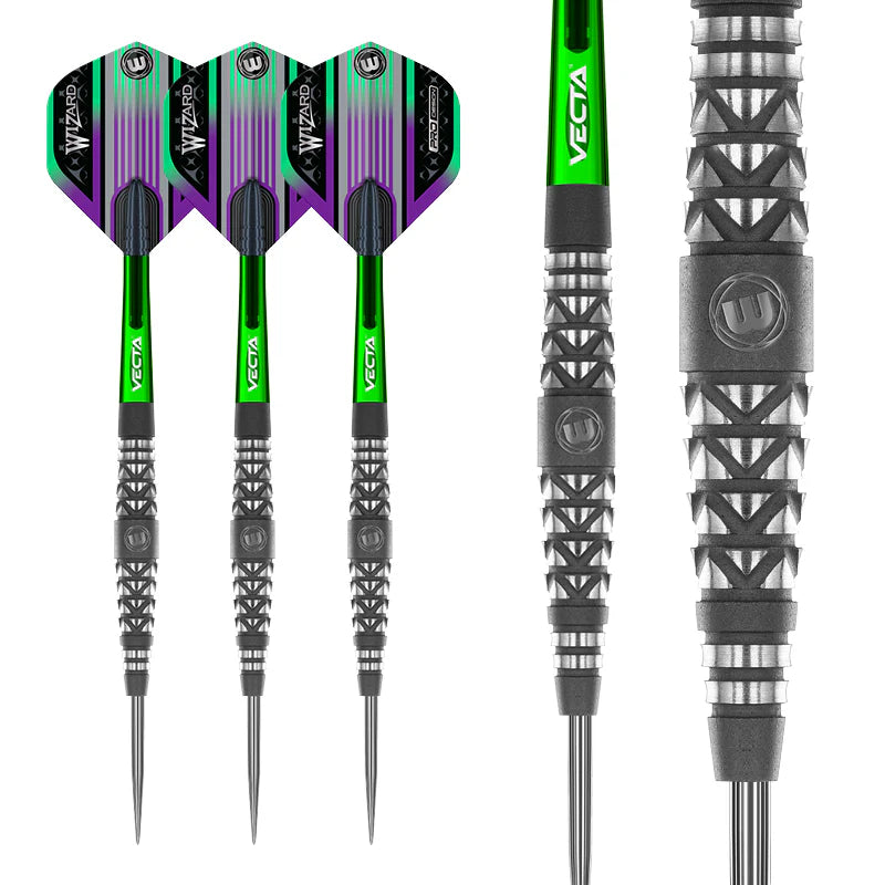Simon Whitlock Atomised darts set with macro close-up of 90% tungsten barrel grip detailing and full flights on white background