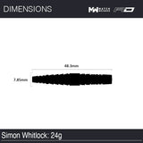 Dart barrel dimension diagram showing 48.3mm length and 7.85mm width for Simon Whitlock 24g tungsten dart
