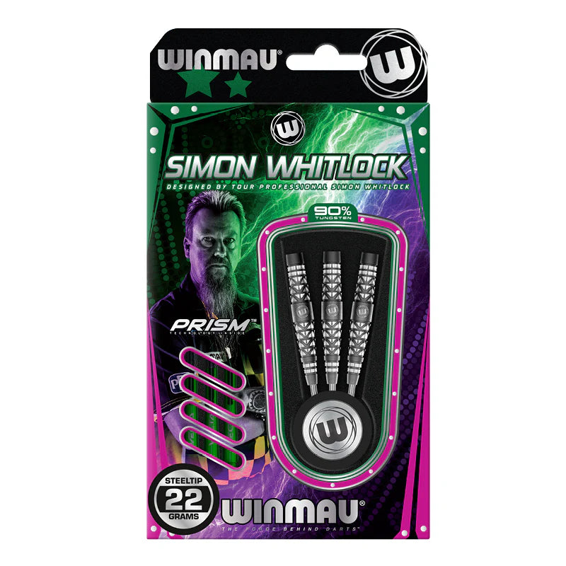 Simon Whitlock 90% tungsten steel tip darts in retail packaging, three darts displayed side by side with textured barrel grip