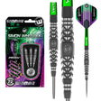 Steel tip 22g tungsten darts set in retail packaging with close-up barrel grip design and Vecta green shafts, isolated on white background
