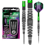 Steel tip 22g tungsten darts set in retail packaging with close-up barrel grip design and Vecta green shafts, isolated on white background