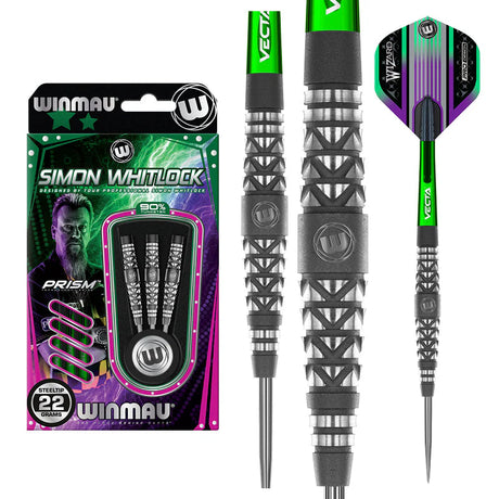 Steel tip 22g tungsten darts set in retail packaging with close-up barrel grip design and Vecta green shafts, isolated on white background