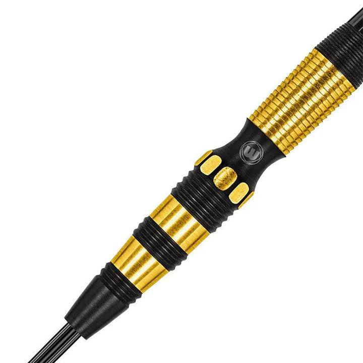 Close-up of 90% tungsten dart barrel with precision grip rings and gold-black detailing, ideal for advanced dart players