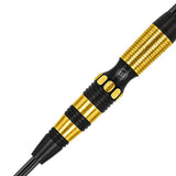Close-up of 90% tungsten dart barrel with precision grip rings and gold-black detailing, ideal for advanced dart players