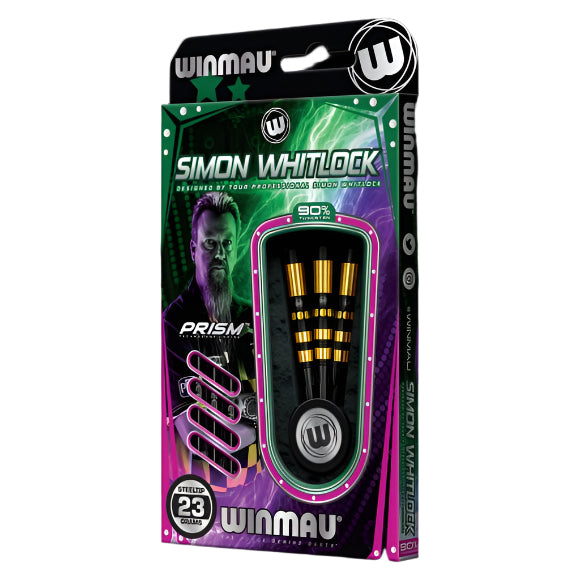 Three Simon Whitlock 90% tungsten darts in retail packaging with barrels and flights visible, angled product display for dart players