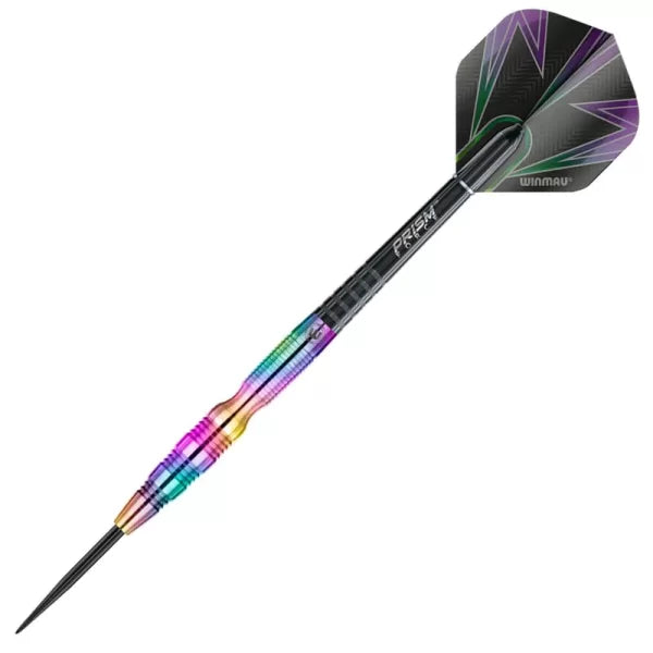 Full view of Simon Whitlock rainbow tungsten dart with textured grip barrel, black point, and colorful flight on white background