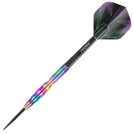 Full view of Simon Whitlock rainbow tungsten dart with textured grip barrel, black point, and colorful flight on white background