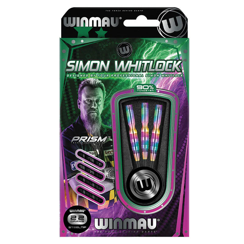 Steel tip rainbow tungsten darts set in retail packaging with textured grip and extra flights, full product view