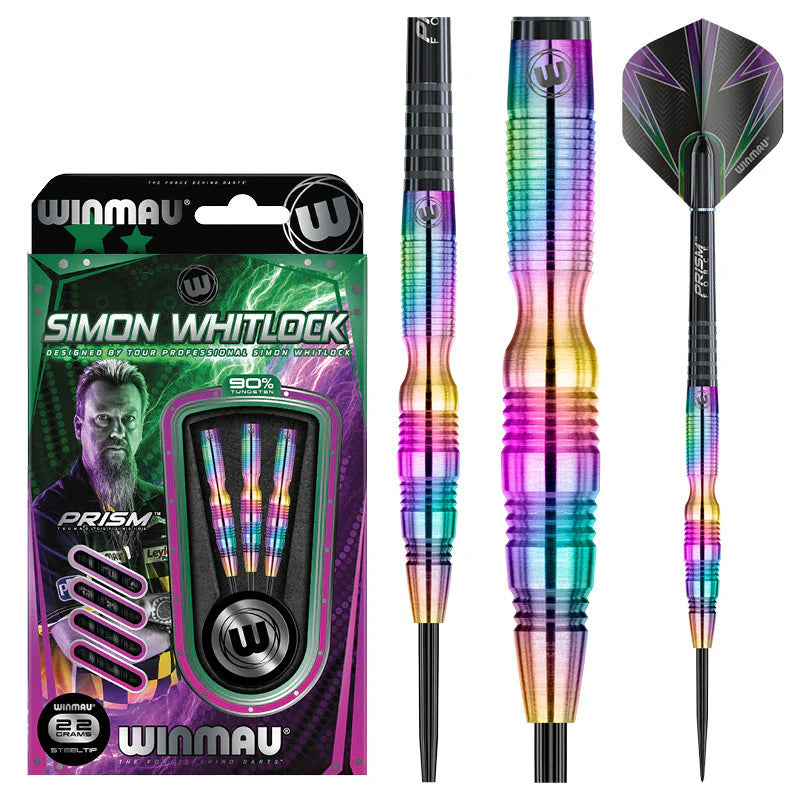 Simon Whitlock Rainbow SE 90% tungsten darts set displayed in retail packaging and close-up of multicolor grooved barrel and flight.