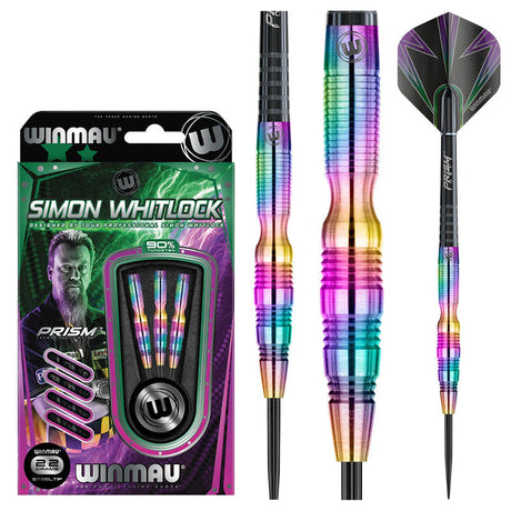 Simon Whitlock Rainbow SE 90% tungsten darts set displayed in retail packaging and close-up of multicolor grooved barrel and flight.