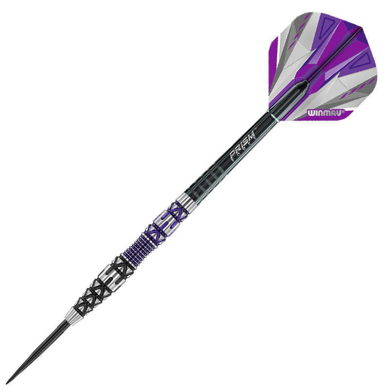 Full view tungsten dart with textured grip, black point, and purple-grey geometric flight on white background
