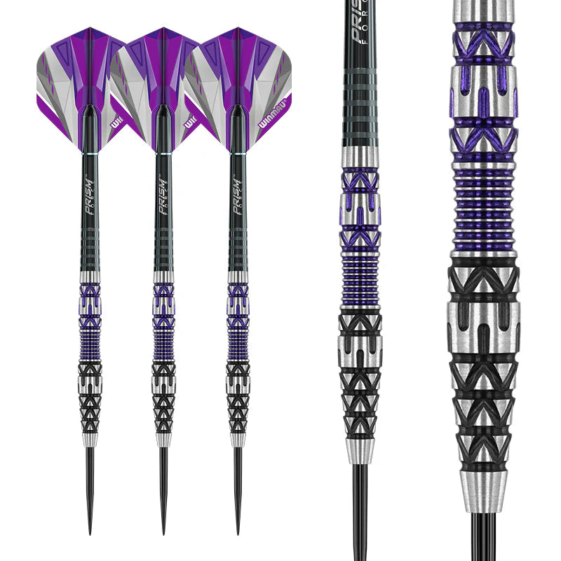 Tungsten darts set with purple flights, detailed close-up of precision barrel grip and knurled texture, isolated on white background