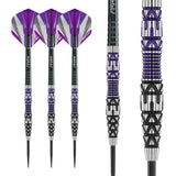 Tungsten darts set with purple flights, detailed close-up of precision barrel grip and knurled texture, isolated on white background