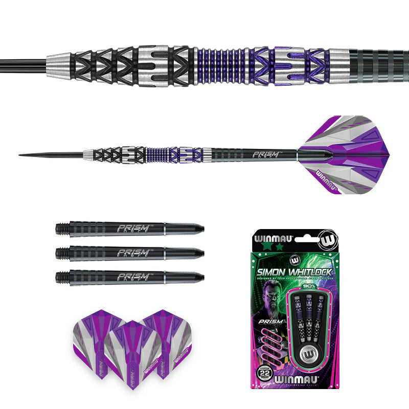 Simon Whitlock 90% tungsten darts kit with close-up barrel detail, full assembled dart, shafts, flights, and packaged set on white background