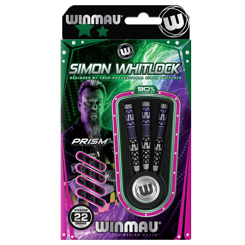 Simon Whitlock 90% tungsten darts set in retail packaging, full view with three darts, extra shafts, and vivid grip barrel designs.
