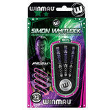 Simon Whitlock 90% tungsten darts set in retail packaging, full view with three darts, extra shafts, and vivid grip barrel designs.