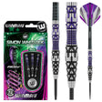 Simon Whitlock 90% tungsten darts set in retail packaging plus three darts displayed to show barrel grip, steel tip, and purple flights