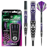 Simon Whitlock 90% tungsten darts set in retail packaging plus three darts displayed to show barrel grip, steel tip, and purple flights